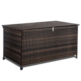 120 Gal. Outdoor Wicker Storage Box Waterproof, Resin Rattan Deck Box for Patio Garden Furniture, Outdoor Cushion Storage - Brown