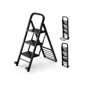 2 in 1 Hand Truck and Ladder Combo with Rubber Wheels, Handle for Warehouse, Garage, Home - Black