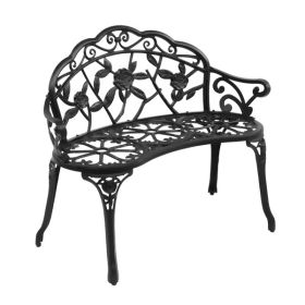 Outdoor Cast Aluminum Patio Bench, Porch Bench Chair with Curved Legs Rose Pattern, Black - as picture