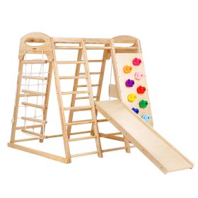 VEVOR Indoor Jungle Gym, 7-in-1 Toddler Indoor Playground, Wooden Toddler Climbing Toys Indoor with Wood & Rope Ladder, Net Ladder, Swing, Monkey Bar