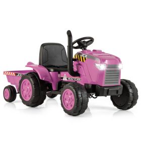 12V Kids Ride On Tractor with Trailer and Remote Control - Pink