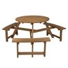 6-person Round Wooden Picnic Table with Umbrella Hole and 3 Built-in Benches - Dark Brown