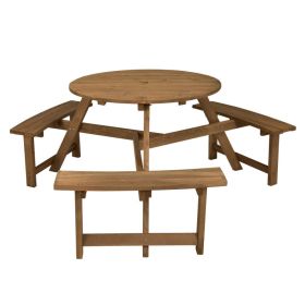 6-person Round Wooden Picnic Table with Umbrella Hole and 3 Built-in Benches - Dark Brown