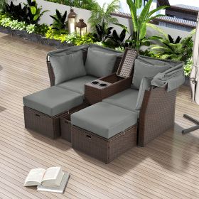 2-Seater Outdoor Patio Daybed Outdoor Double Daybed Outdoor Loveseat Sofa Set with Foldable Awning and Cushions for Garden, Balcony, Poolside - Grey