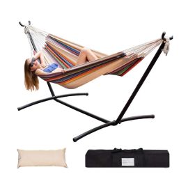 Double Hammock with Space Saving Steel Stand Includes Portable Carrying Case and Head Pillow, 450 Pounds Capacity - Light Rainbow Stripes