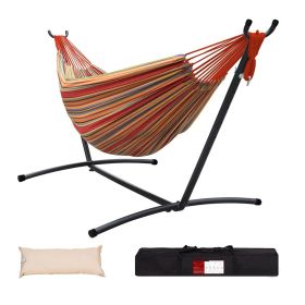 Double Hammock with Space Saving Steel Stand Includes Portable Carrying Case and Head Pillow, 450 Pounds Capacity - Red Rainbow Stripes