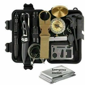 14-In-1 Outdoor Emergency Survival Kit Camping Hiking Tactical Gear Case Set Box - Black