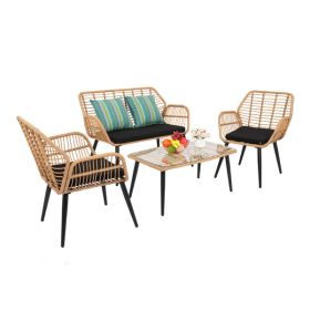 4-Piece Patio Furniture Outdoor Bistro Set, All Weather Rattan Conversation Bistro Loveseat Chair and Table Set for Backyard Balcony Deck - as picture