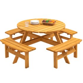 8 Person Wooden Picnic Table, Outdoor Camping Dining Table with Seat, Garden, DIY w/ 4 Built-in Benches, 2220lb Capacity - Natural - as Pic