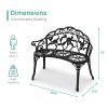 Outdoor Cast Aluminum Patio Bench, Porch Bench Chair with Curved Legs Rose Pattern, Black - as picture