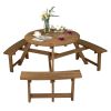 6-person Round Wooden Picnic Table with Umbrella Hole and 3 Built-in Benches - Dark Brown