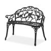 Outdoor Cast Aluminum Patio Bench, Porch Bench Chair with Curved Legs Rose Pattern, Black - as picture