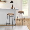 28 Inch Bar Stool with Mango Wood Saddle Seat, Iron Rod Legs, Brown and Black - as Pic